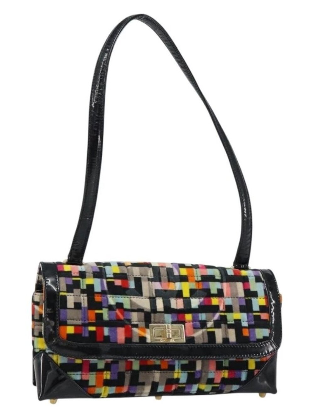 CHANEL 2.55 Shoulder Bag Velor Multicolor Gold CC Auth 159014SAV